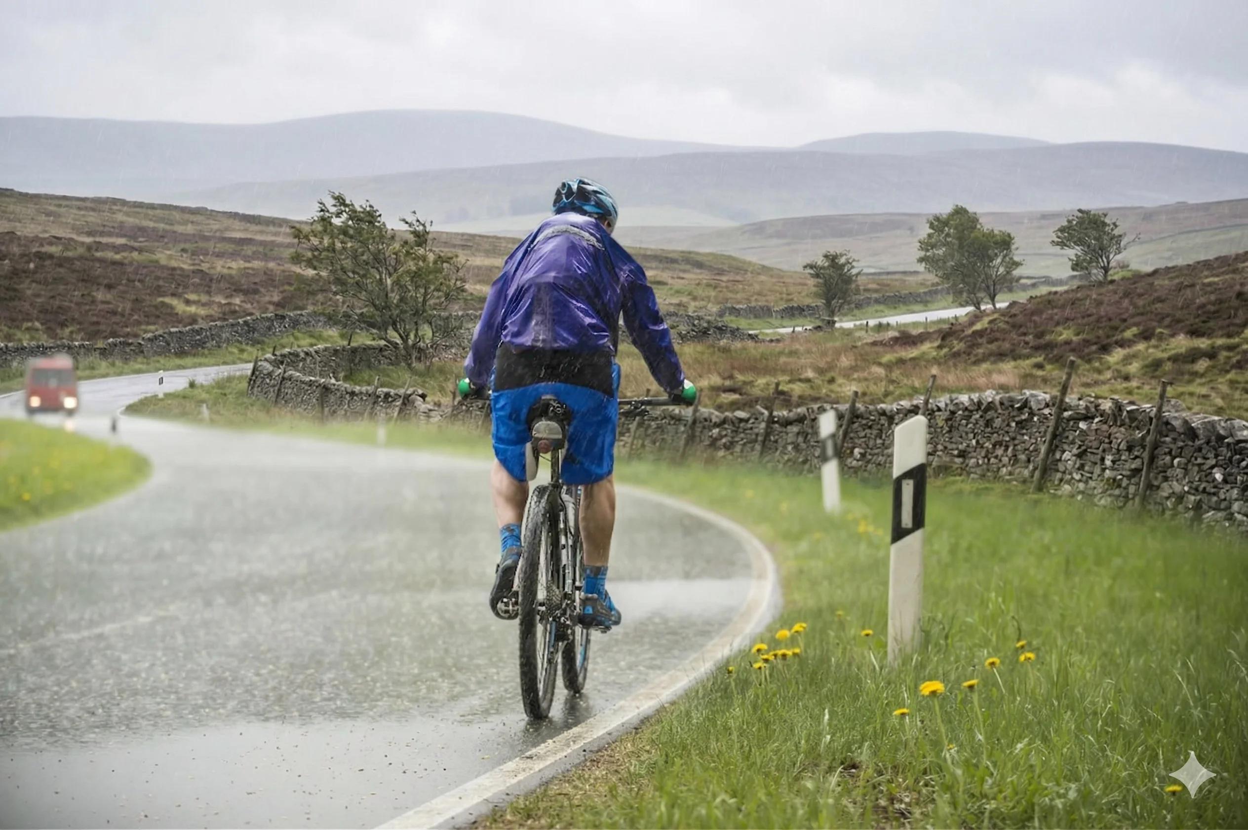 Cycliste équipé sous la pluie en ville