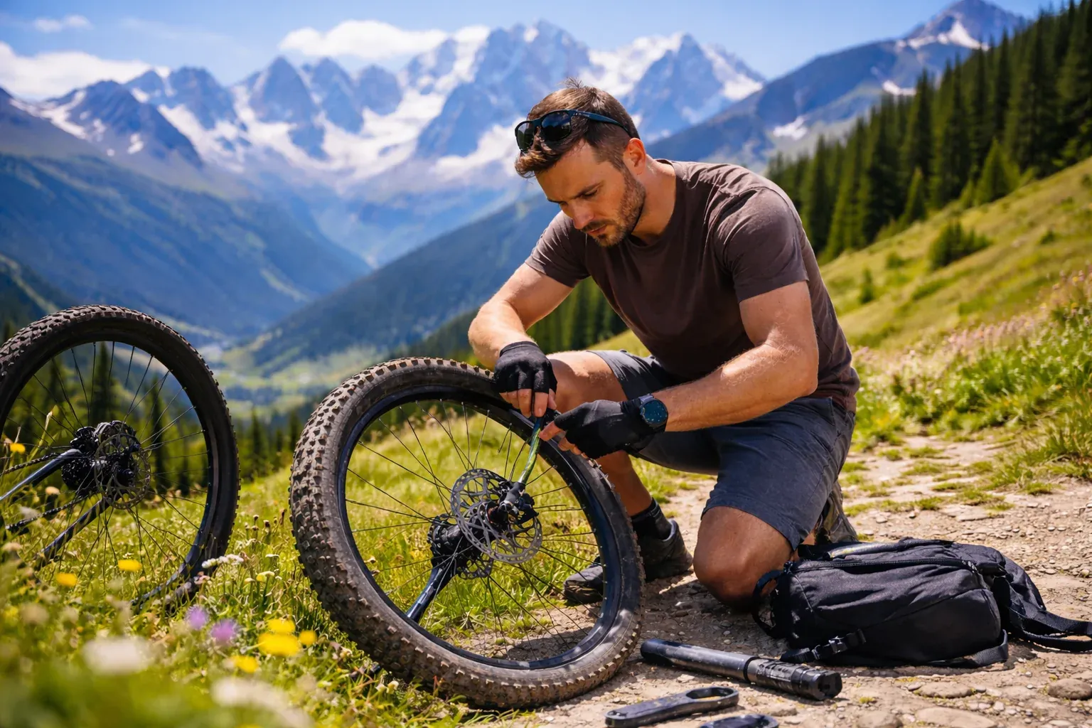 Réparation d'une crevaison sur un vélo en bord de route