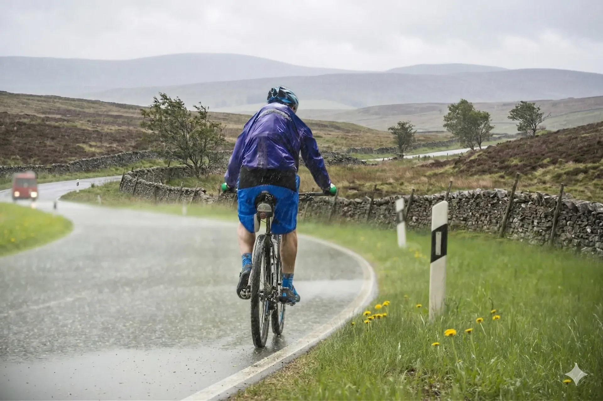 Cycliste équipé roulant en ville par faible visibilité