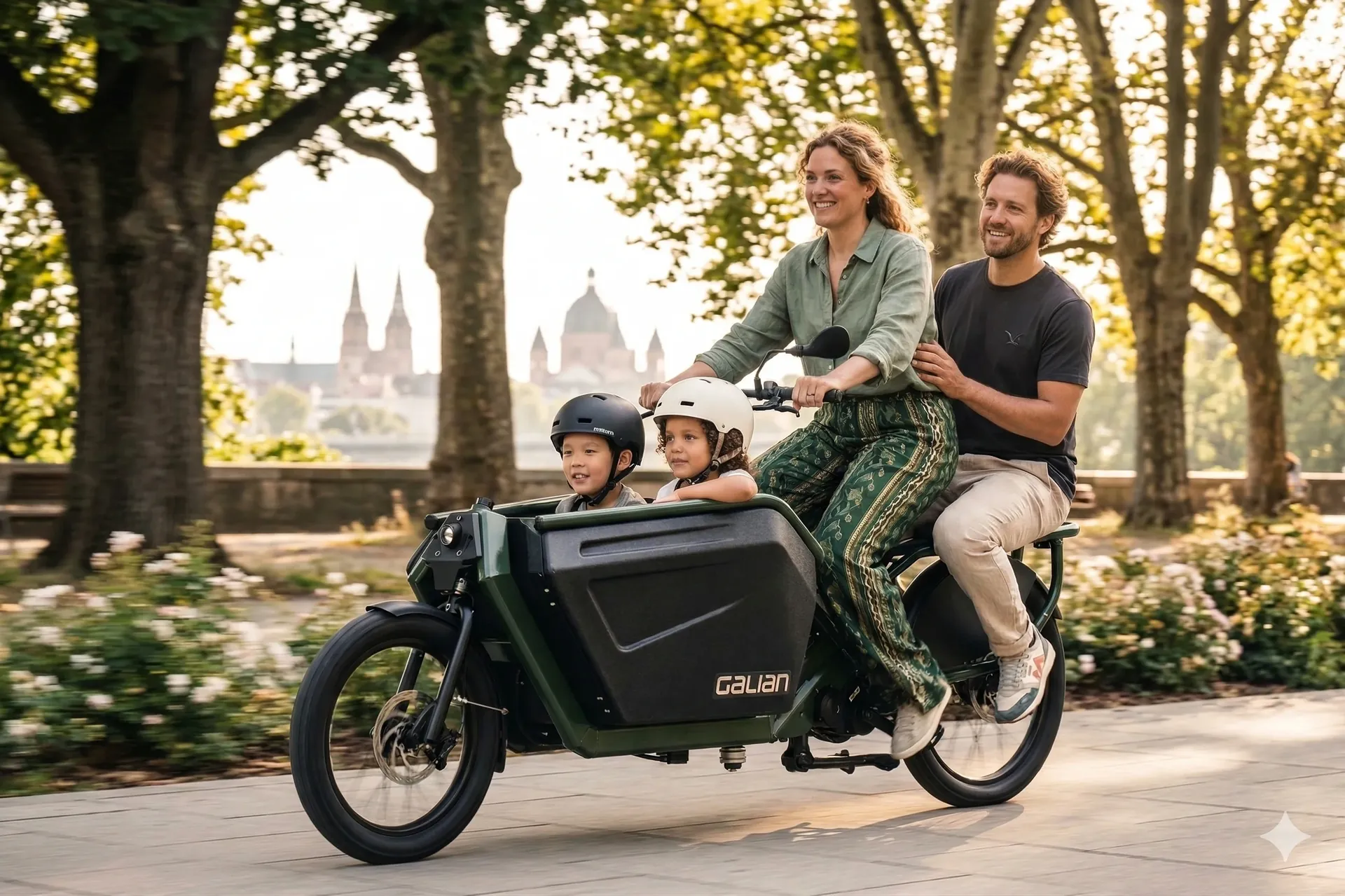 Vélo cargo électrique avec enfants dans une ville